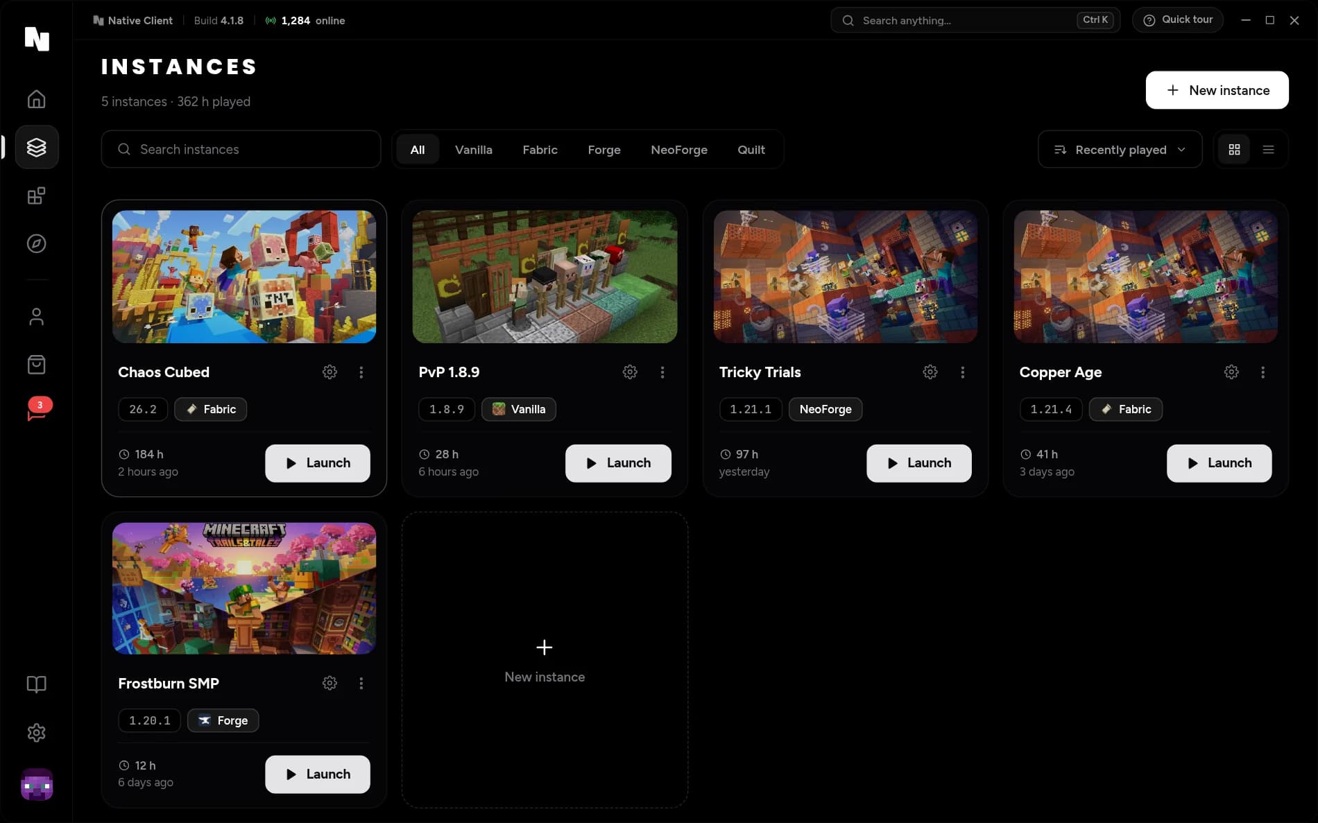 Native Client instances screen