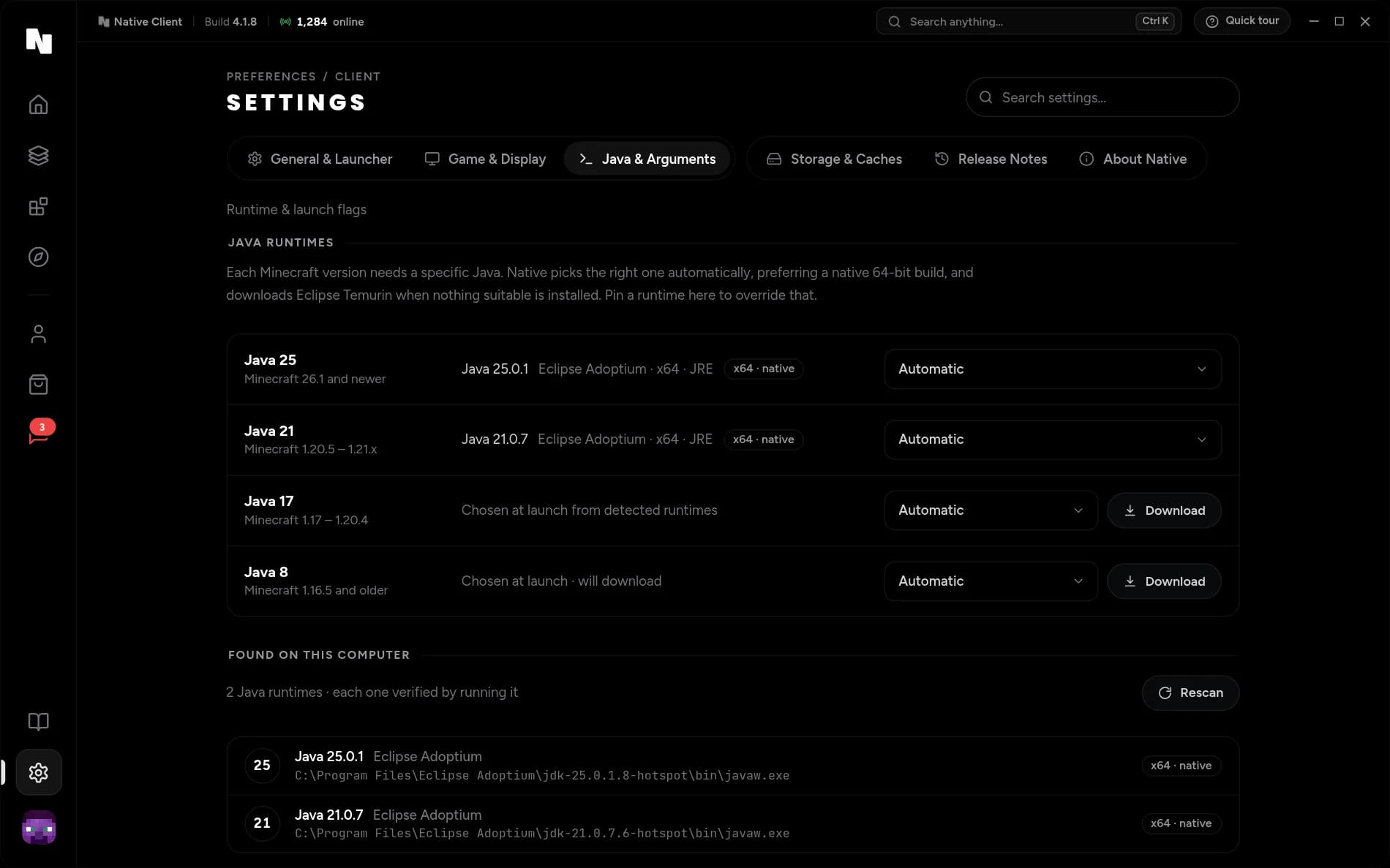 Native Client settings